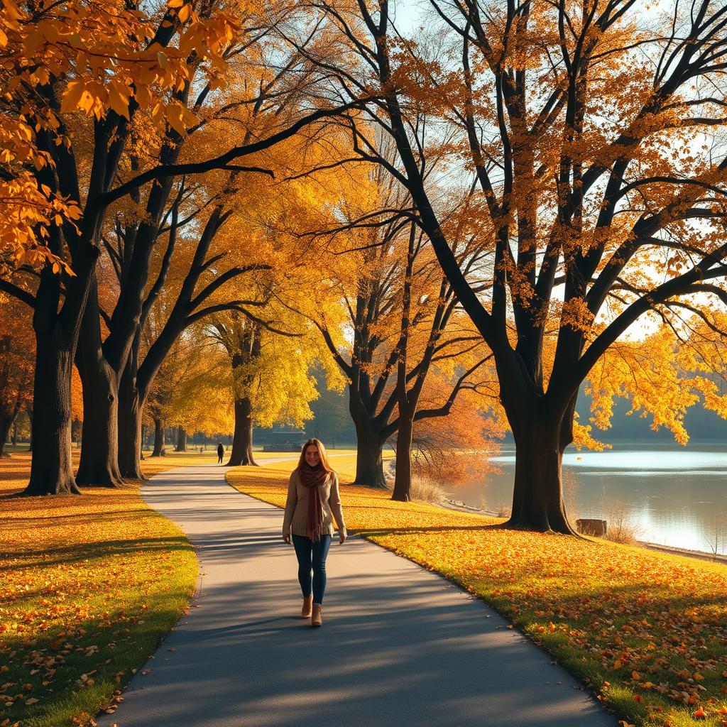 A charming autumn landscape with golden amber leaves falling gently from tall, ancient trees