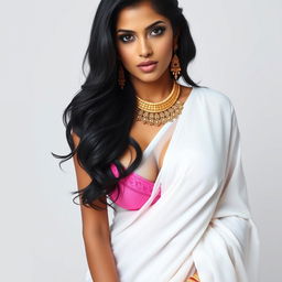 A sensuous Indian woman with an alluring pose, adorned in a pure white saree that beautifully drapes her figure