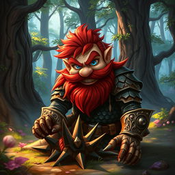 In a fantastical Dungeons & Dragons forest setting, a ruddy tan, red-haired male rock gnome artificer with striking sapphire-blue eyes, a red beard, and mustache is wearing intricately designed scale armor