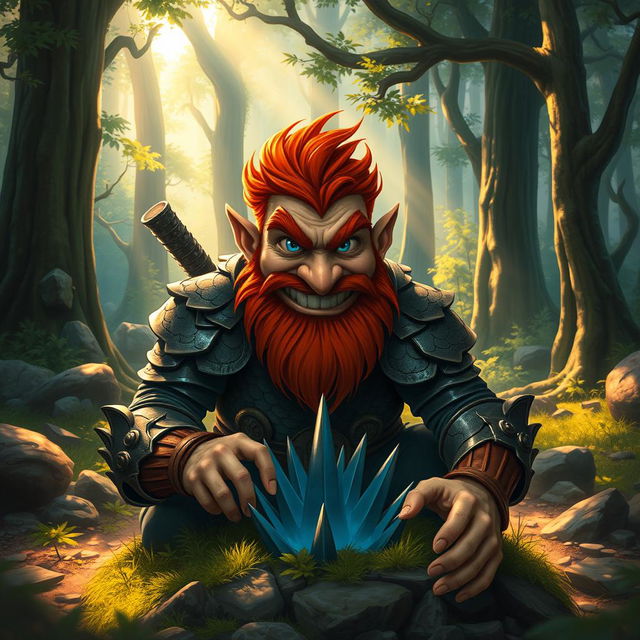 In a fantastical Dungeons & Dragons forest setting, a ruddy tan, red-haired male rock gnome artificer with striking sapphire-blue eyes, a red beard, and mustache is wearing intricately designed scale armor