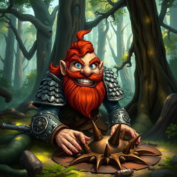 In a fantastical Dungeons & Dragons forest setting, a ruddy tan, red-haired male rock gnome artificer with striking sapphire-blue eyes, a red beard, and mustache is wearing intricately designed scale armor