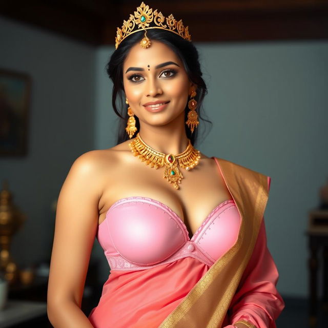 A sexy Indian girl with big boobs and noticeable cleavage, wearing a pink, big size bra and a beautifully draped saree