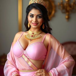 A sexy Indian girl with big boobs and noticeable cleavage, wearing a pink, big size bra and a beautifully draped saree