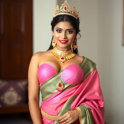 A sexy Indian girl with big boobs and noticeable cleavage, wearing a pink, big size bra and a beautifully draped saree