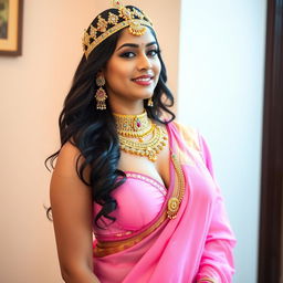 A sexy Indian girl with big boobs and noticeable cleavage, wearing a pink, big size bra and a beautifully draped saree