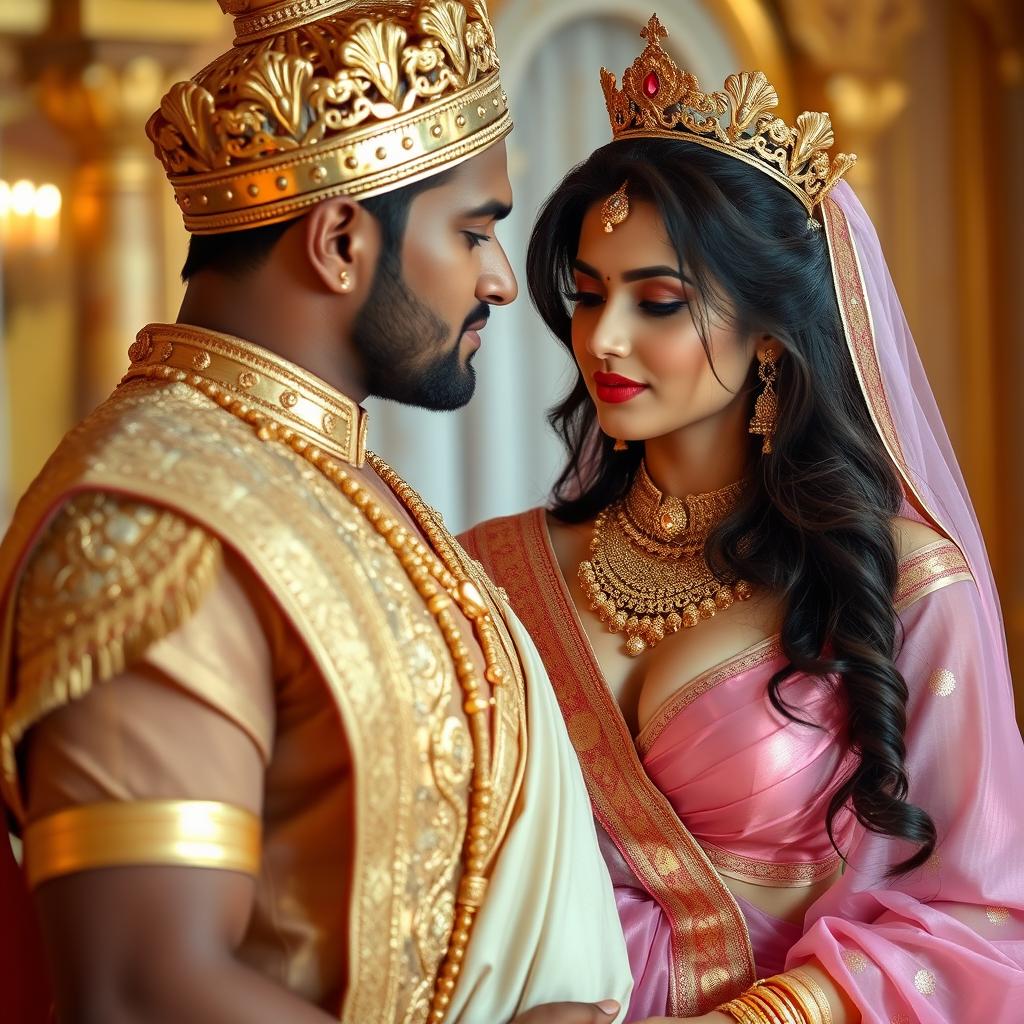 A romantic scene featuring a sexy Indian girl with big boobs and noticeable cleavage, wearing a pink, big size bra and a beautifully draped saree adorned with golden jewelry