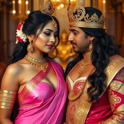 A romantic scene featuring a sexy Indian girl with big boobs and noticeable cleavage, wearing a pink, big size bra and a beautifully draped saree adorned with golden jewelry