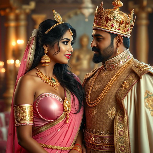 A romantic scene featuring a sexy Indian girl with big boobs and noticeable cleavage, wearing a pink, big size bra and a beautifully draped saree adorned with golden jewelry