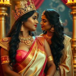 A romantic scene featuring a sexy Indian girl with big boobs and noticeable cleavage, wearing a pink, big size bra and a beautifully draped saree adorned with golden jewelry