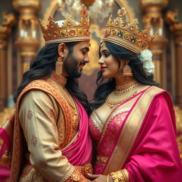 A romantic scene featuring a sexy Indian girl with big boobs and noticeable cleavage, wearing a pink, big size bra and a beautifully draped saree adorned with intricate golden jewelry