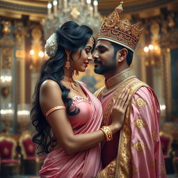 A romantic scene featuring a sexy Indian girl with big boobs and noticeable cleavage, wearing a pink, big size bra and a beautifully draped saree adorned with intricate golden jewelry