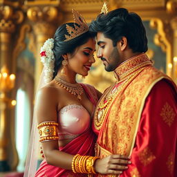 A romantic scene featuring a sexy Indian girl with big boobs and noticeable cleavage, wearing a pink, big size bra and a beautifully draped saree adorned with intricate golden jewelry