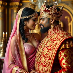 A romantic scene featuring a sexy Indian girl with big boobs and noticeable cleavage, wearing a pink, big size bra and a beautifully draped saree adorned with intricate golden jewelry