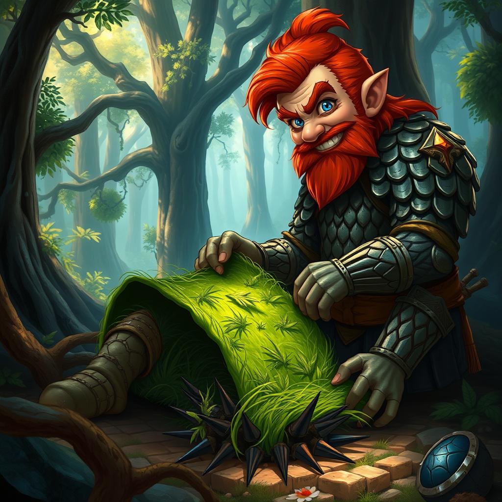 In a fantastical Dungeons & Dragons forest setting, a ruddy tan, red-haired male rock gnome artificer with striking sapphire-blue eyes, a red beard, and mustache is wearing intricately designed scale armor