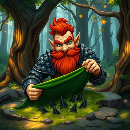 In a fantastical Dungeons & Dragons forest setting, a ruddy tan, red-haired male rock gnome artificer with striking sapphire-blue eyes, a red beard, and mustache is wearing intricately designed scale armor