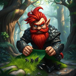 In a fantastical Dungeons & Dragons forest setting, a ruddy tan, red-haired male rock gnome artificer with striking sapphire-blue eyes, a red beard, and mustache is wearing intricately designed scale armor