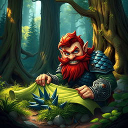 In a fantastical Dungeons & Dragons forest setting, a ruddy tan, red-haired male rock gnome artificer with striking sapphire-blue eyes, a red beard, and mustache is wearing intricately designed scale armor