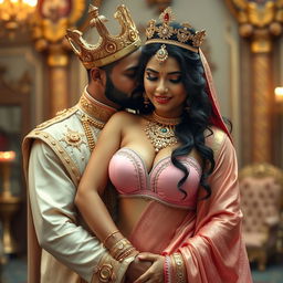 A sexy Indian girl with big boobs and noticeable cleavage, wearing a pink, big size bra and a draped saree, adorned with shimmering golden jewelry and a regal crown, in an intimate and romantic embrace with a king