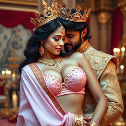 A sexy Indian girl with big boobs and noticeable cleavage, wearing a pink, big size bra and a draped saree, adorned with shimmering golden jewelry and a regal crown, in an intimate and romantic embrace with a king