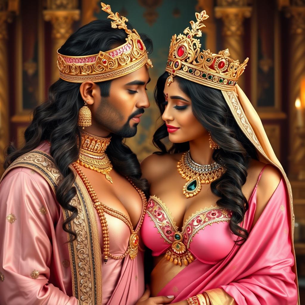 A sexy Indian girl with big boobs and noticeable cleavage, wearing a pink, big size bra and a draped saree, adorned with shimmering golden jewelry and a regal crown, in an intimate and romantic embrace with a king