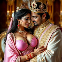 A sexy Indian girl with big boobs and noticeable cleavage, wearing a pink, big size bra and a draped saree, adorned with shimmering golden jewelry and a regal crown, in an intimate and romantic embrace with a king