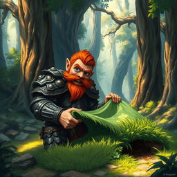 In a fantastical Dungeons & Dragons forest setting, a ruddy tan, red-haired male rock gnome artificer with striking sapphire-blue eyes, a red beard, and mustache is wearing intricately designed scale armor