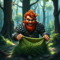 In a fantastical Dungeons & Dragons forest setting, a ruddy tan, red-haired male rock gnome artificer with striking sapphire-blue eyes, a red beard, and mustache is wearing intricately designed scale armor