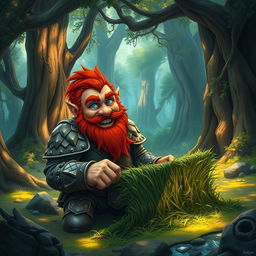 In a fantastical Dungeons & Dragons forest setting, a ruddy tan, red-haired male rock gnome artificer with striking sapphire-blue eyes, a red beard, and mustache is wearing intricately designed scale armor