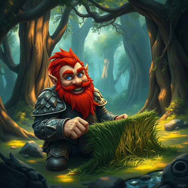 In a fantastical Dungeons & Dragons forest setting, a ruddy tan, red-haired male rock gnome artificer with striking sapphire-blue eyes, a red beard, and mustache is wearing intricately designed scale armor