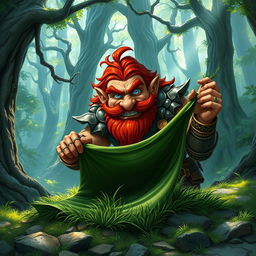 In a fantastical Dungeons & Dragons forest setting, a ruddy tan, red-haired male rock gnome artificer with striking sapphire-blue eyes, a red beard, and mustache is wearing intricately designed scale armor