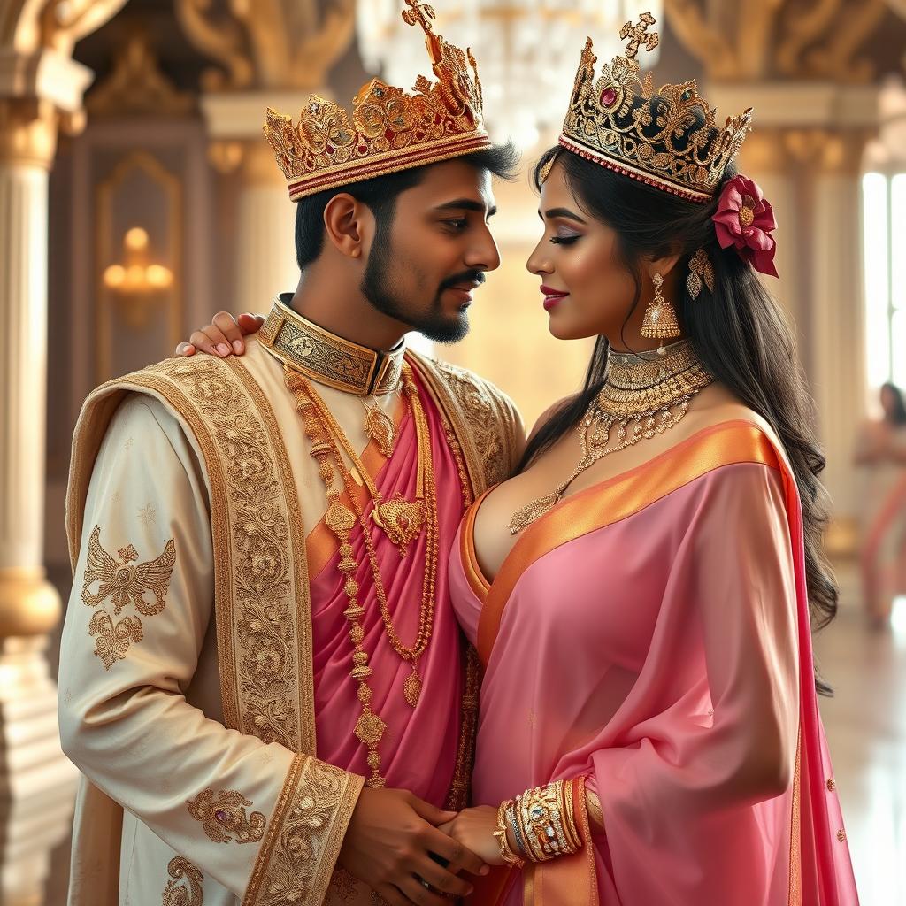 A romantic encounter between a sexy Indian girl with big boobs and noticeable cleavage, wearing a pink big size bra and an elegantly draped saree, embellished with shimmering golden jewelry and a majestic crown