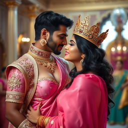 A romantic encounter between a sexy Indian girl with big boobs and noticeable cleavage, wearing a pink big size bra and an elegantly draped saree, embellished with shimmering golden jewelry and a majestic crown