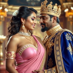 A romantic encounter between a sexy Indian girl with big boobs and noticeable cleavage, wearing a pink big size bra and an elegantly draped saree, embellished with shimmering golden jewelry and a majestic crown