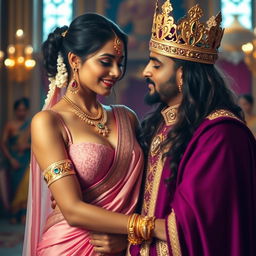 A romantic encounter between a sexy Indian girl with big boobs and noticeable cleavage, wearing a pink big size bra and an elegantly draped saree, embellished with shimmering golden jewelry and a majestic crown