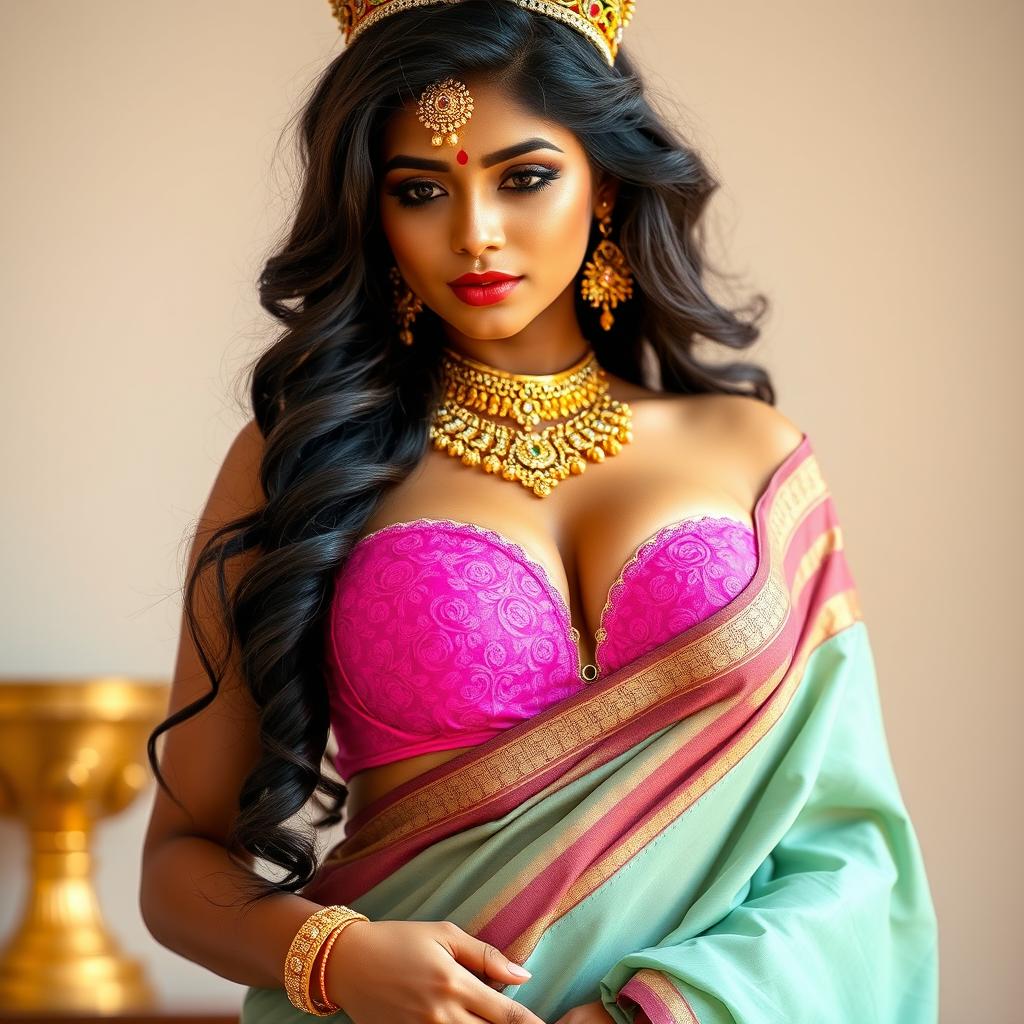 A sexy Indian girl with voluptuous curves and noticeable cleavage, wearing an eye-catching pink bra of a larger size, complemented by a traditionally draped saree