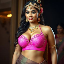 A sexy Indian girl with voluptuous curves and noticeable cleavage, wearing an eye-catching pink bra of a larger size, complemented by a traditionally draped saree