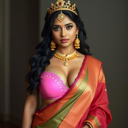 A sexy Indian girl with voluptuous curves and noticeable cleavage, wearing an eye-catching pink bra of a larger size, complemented by a traditionally draped saree