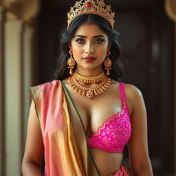 A sexy Indian girl with voluptuous curves and noticeable cleavage, wearing an eye-catching pink bra of a larger size, complemented by a traditionally draped saree