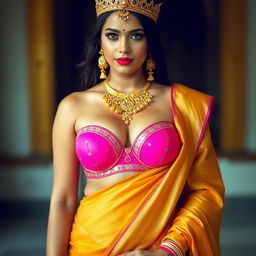 A sexy Indian girl with voluptuous curves and noticeable cleavage, wearing an eye-catching pink bra of a larger size, complemented by a traditionally draped saree