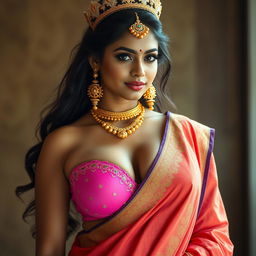 A sexy Indian girl with voluptuous curves and noticeable cleavage, wearing an eye-catching pink bra of a larger size, complemented by a traditionally draped saree