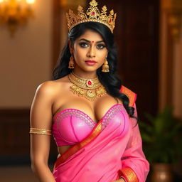 A sexy Indian girl with voluptuous curves and noticeable cleavage, wearing an eye-catching pink bra of a larger size, complemented by a traditionally draped saree