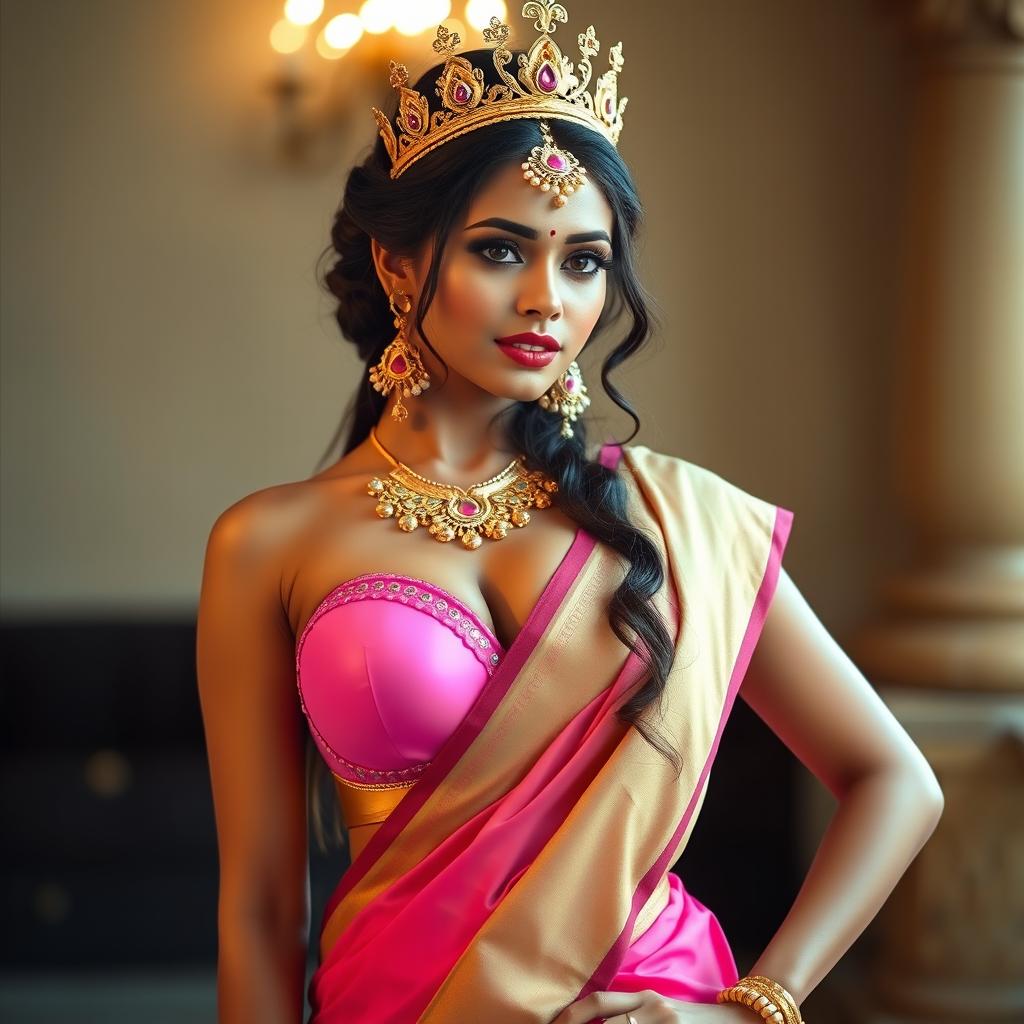 A sexy Indian girl with voluptuous curves and noticeable cleavage, wearing an eye-catching pink bra of a larger size, complemented by a traditionally draped saree