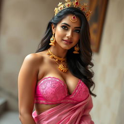 A sexy Indian girl with voluptuous curves and noticeable cleavage, wearing an eye-catching pink bra of a larger size, complemented by a traditionally draped saree