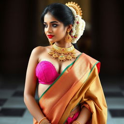 A sexy Indian girl with voluptuous curves and noticeable cleavage, wearing an eye-catching pink bra of a larger size, complemented by a traditionally draped saree