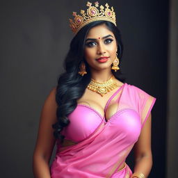 A sexy Indian girl with voluptuous curves and noticeable cleavage, wearing an eye-catching pink bra of a larger size, complemented by a traditionally draped saree