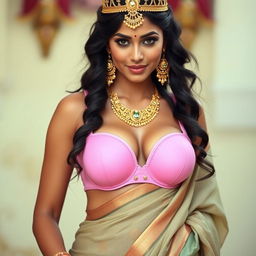 A sexy Indian girl with voluptuous curves and noticeable cleavage, wearing an eye-catching pink bra of a larger size, complemented by a traditionally draped saree