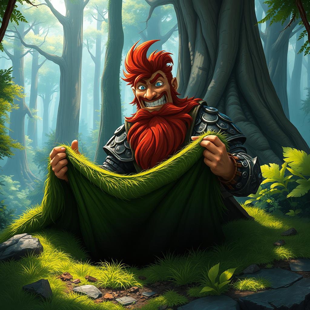 In a fantastical Dungeons & Dragons forest setting, a ruddy tan, red-haired male rock gnome artificer with striking sapphire-blue eyes, a red beard, and mustache is wearing intricately designed scale armor