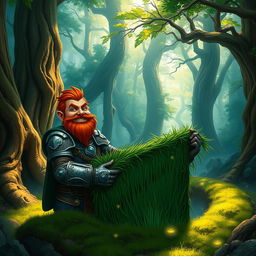 In a fantastical Dungeons & Dragons forest setting, a ruddy tan, red-haired male rock gnome artificer with striking sapphire-blue eyes, a red beard, and mustache is wearing intricately designed scale armor