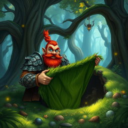 In a fantastical Dungeons & Dragons forest setting, a ruddy tan, red-haired male rock gnome artificer with striking sapphire-blue eyes, a red beard, and mustache is wearing intricately designed scale armor