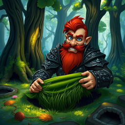 In a fantastical Dungeons & Dragons forest setting, a ruddy tan, red-haired male rock gnome artificer with striking sapphire-blue eyes, a red beard, and mustache is wearing intricately designed scale armor